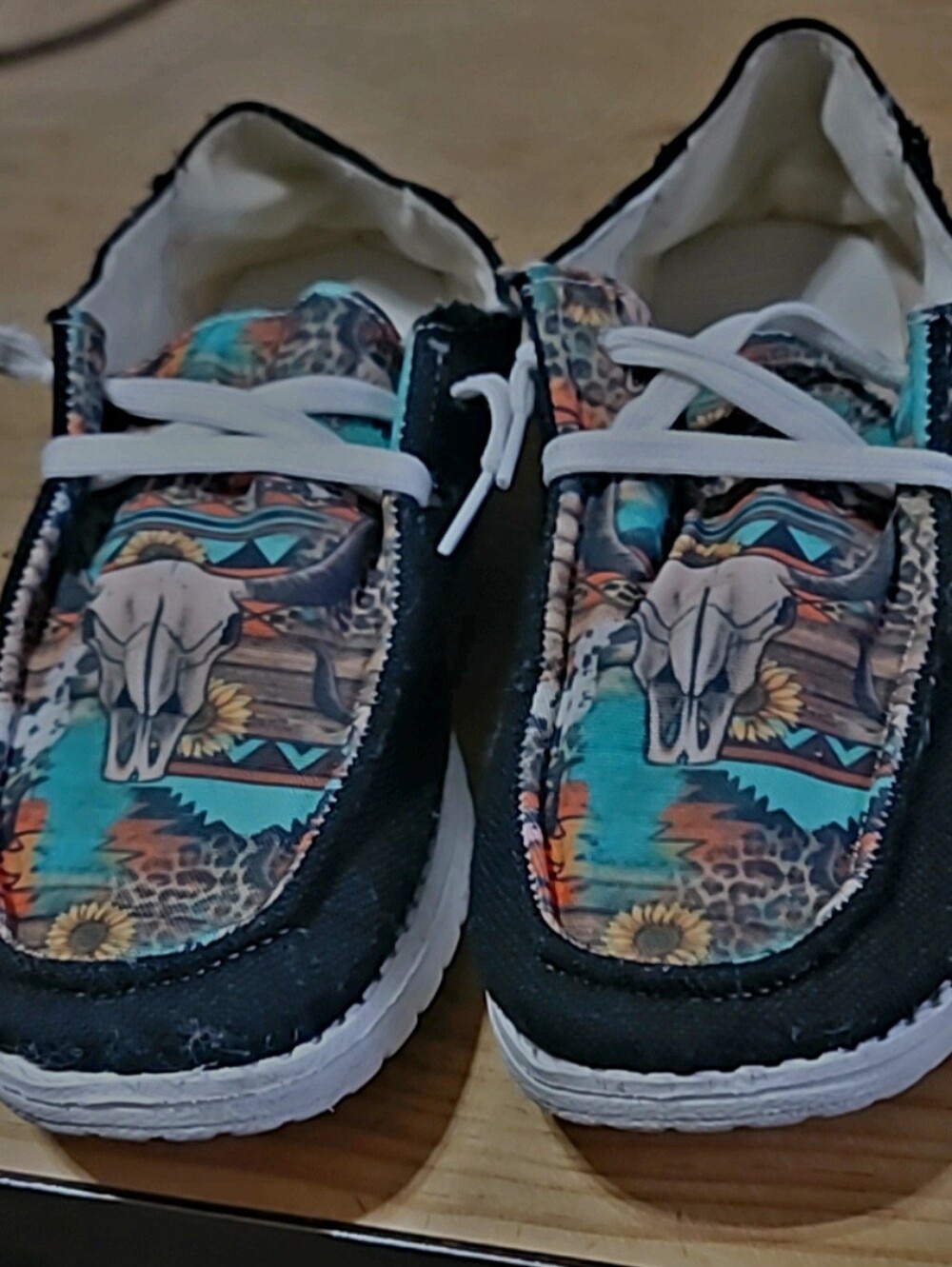 Women’s Black Canvas Slip-On Loafers with Turquoise Western Print
